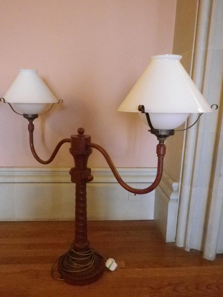 REPRODUCTION SCUMBLED METAL TWIN BRANCH LAMPS in the form of vintage wig stands with white glass - Image 2 of 2