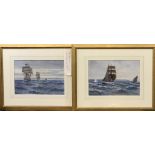 HAROLD WANE watercolours, a pair - Clippers at sea, 22 x 32cms both