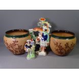 DOULTON LAMBETH SLATERS PLANTERS, A PAIR, 19cms H and three Staffordshire flatbacks