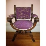 ANTIQUE WALNUT X FRAME ARMCHAIR, 98cms H, 66cms W, 45cms seat depth