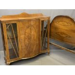 VINTAGE MAHOGANY CHINA DISPLAY CABINET and a 4ft 6ins walnut bedhead, 123cms overall H, 122cms W,