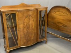 VINTAGE MAHOGANY CHINA DISPLAY CABINET and a 4ft 6ins walnut bedhead, 123cms overall H, 122cms W,