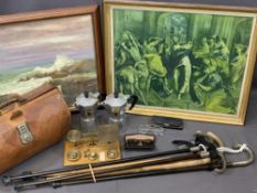 GLADSTONE STYLE BAG, coffee percolators, opium weight scales with some weights, five walking sticks,