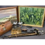 GLADSTONE STYLE BAG, coffee percolators, opium weight scales with some weights, five walking sticks,