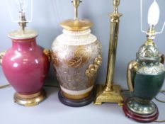 FANCY TABLE LAMPS (3) with shades and a brass Corinthian column style table lamp