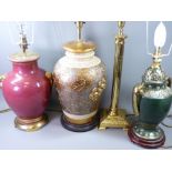 FANCY TABLE LAMPS (3) with shades and a brass Corinthian column style table lamp