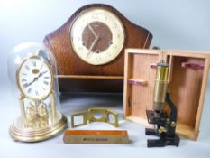 VINTAGE JUNIOR MICROSCOPE in a wooden case, Smiths mantel clock, Arts and Crafts style bookshelf