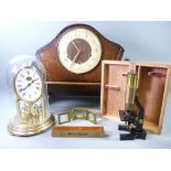VINTAGE JUNIOR MICROSCOPE in a wooden case, Smiths mantel clock, Arts and Crafts style bookshelf