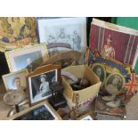 VINTAGE TREEN & WOODEN STANDS, commemorative pictures and prints and an oval wall mirror (within 2