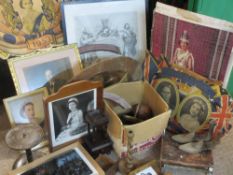 VINTAGE TREEN & WOODEN STANDS, commemorative pictures and prints and an oval wall mirror (within 2