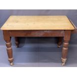 VICTORIAN PINE SINGLE DRAWER FARMHOUSE KITCHEN TABLE, stripped top over a painted base having