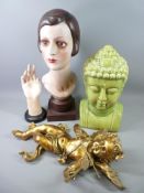 FURNISHING PIECES - Buddhist bust, 37cms H and other arty furnishing pieces including another