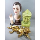 FURNISHING PIECES - Buddhist bust, 37cms H and other arty furnishing pieces including another