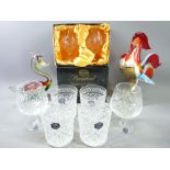 STUART CRYSTAL TUMBLERS and brandy glasses, Bohemia boxed glasses, Art glass cockerel and duck glass