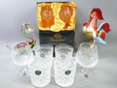 STUART CRYSTAL TUMBLERS and brandy glasses, Bohemia boxed glasses, Art glass cockerel and duck glass