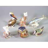 SIX ROYAL CROWN DERBY PAPERWEIGHTS including a striped dolphin, Imari decorated owl and small