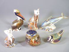 SIX ROYAL CROWN DERBY PAPERWEIGHTS including a striped dolphin, Imari decorated owl and small