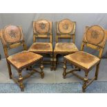 SET OF FOUR VINTAGE OAK & LEATHER UPHOLSTERED DINING CHAIRS with English Rose embossed detail to the