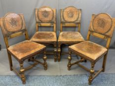SET OF FOUR VINTAGE OAK & LEATHER UPHOLSTERED DINING CHAIRS with English Rose embossed detail to the