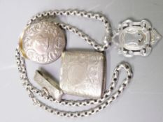 SMALL SILVER - three items to include a shield shape fob on a thick link belcher chain, the fob