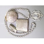 SMALL SILVER - three items to include a shield shape fob on a thick link belcher chain, the fob