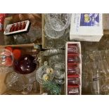 GLASSWARE - a large assortment in several boxes of various glassware including decanters, Art vases,