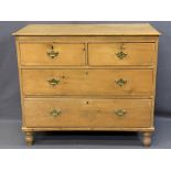 VINTAGE STRIPPED PINE CHEST of two short over two long drawers having fancy brass backplates and