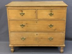 VINTAGE STRIPPED PINE CHEST of two short over two long drawers having fancy brass backplates and