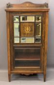 CIRCA 1900 INLAID ROSEWOOD MUSIC CABINET having a three rail galleried top, bevelled edged mirror