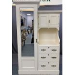WHITE PAINTED VINTAGE COMBINATION WARDROBE having single mirrored door and three drawer chest on a