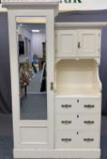 WHITE PAINTED VINTAGE COMBINATION WARDROBE having single mirrored door and three drawer chest on a