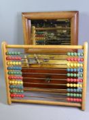 TREEN ITEMS - mahogany writing slope, wall mirror, a vintage abacus and an old fishing line