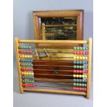 TREEN ITEMS - mahogany writing slope, wall mirror, a vintage abacus and an old fishing line