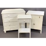 WHITE PAINTED BEDROOM FURNITURE, THREE ITEMS to include a railback four drawer chest on bun feet,