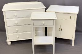 WHITE PAINTED BEDROOM FURNITURE, THREE ITEMS to include a railback four drawer chest on bun feet,