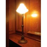 SIX REPRODUCTION CAST METAL LIBRARY LAMPS, streetlamp column style with white glass shades, 93cms