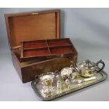 THREE PIECE EPNS TEASET, TRAY and other EPNS ware with a mahogany lidded vintage box