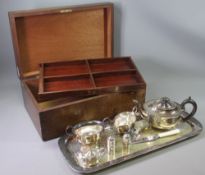 THREE PIECE EPNS TEASET, TRAY and other EPNS ware with a mahogany lidded vintage box