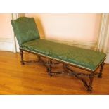 CONTINENTAL WALNUT FRAMED DAYBED/SALON COUCH on Carolean style supports and cross stretchers, re-