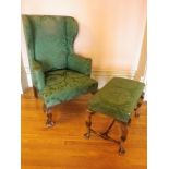 VINTAGE WINGBACK GENTLEMAN'S ARMCHAIR and a walnut side stool, both re-upholstered in green
