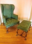 VINTAGE WINGBACK GENTLEMAN'S ARMCHAIR and a walnut side stool, both re-upholstered in green