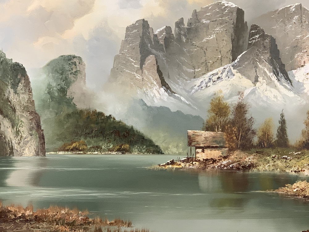 WIJNER oil on canvas - mountainscape with lakeside dwelling, signed, 50 x 100cms