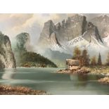 WIJNER oil on canvas - mountainscape with lakeside dwelling, signed, 50 x 100cms