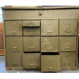 INDUSTRIAL/POSSIBLY MILITARY GREEN PAINTED STEEL CABINET BANK OF DRAWERS with lift-up lid top