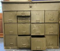 INDUSTRIAL/POSSIBLY MILITARY GREEN PAINTED STEEL CABINET BANK OF DRAWERS with lift-up lid top