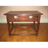 OAK SIDE TABLE, a twin plank oblong top with single narrow drawer having brass backplates and