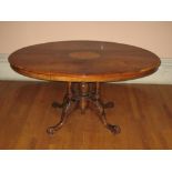 LOO TABLE, Victorian, oval mahogany top having floral and urn inlays with a large centre fan inlay