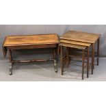 REPRODUCTION CROSSBANDED MAHOGANY OCCASIONAL SOFA TABLE and a set of three mid-century teak