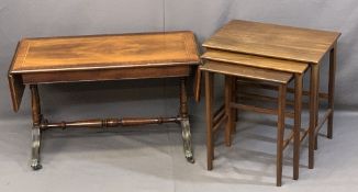 REPRODUCTION CROSSBANDED MAHOGANY OCCASIONAL SOFA TABLE and a set of three mid-century teak