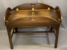 REPRODUCTION MAHOGANY BUTLER'S TRAY & STAND, 55cms H, 120cms W, 90cms D handles down